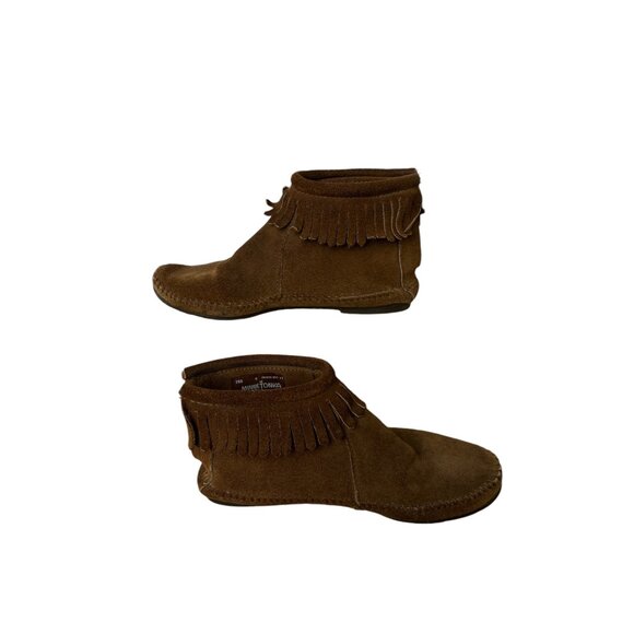 Minnetonka Moccasins Womens Brown Suede Fringe Boots Sz 6 Back Zip Hard Sole - Picture 6 of 9